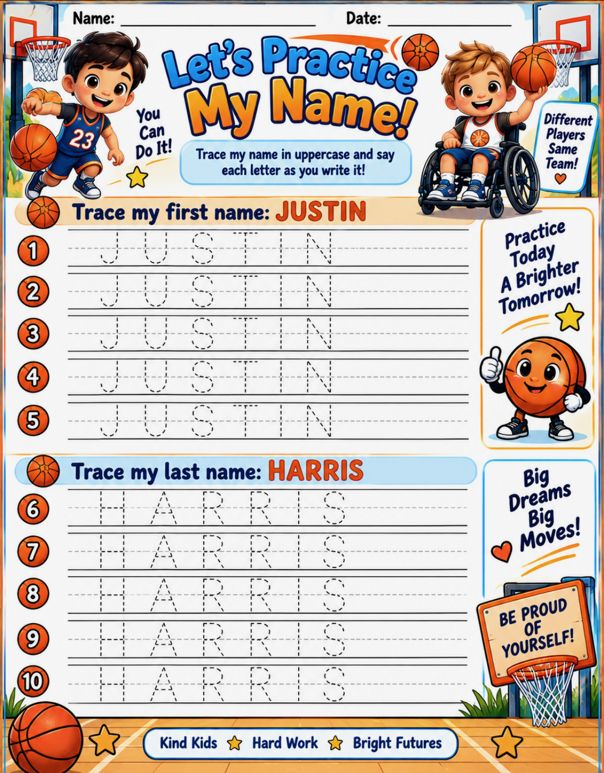 Let's Practice My Name — Basketball Tracing Worksheet