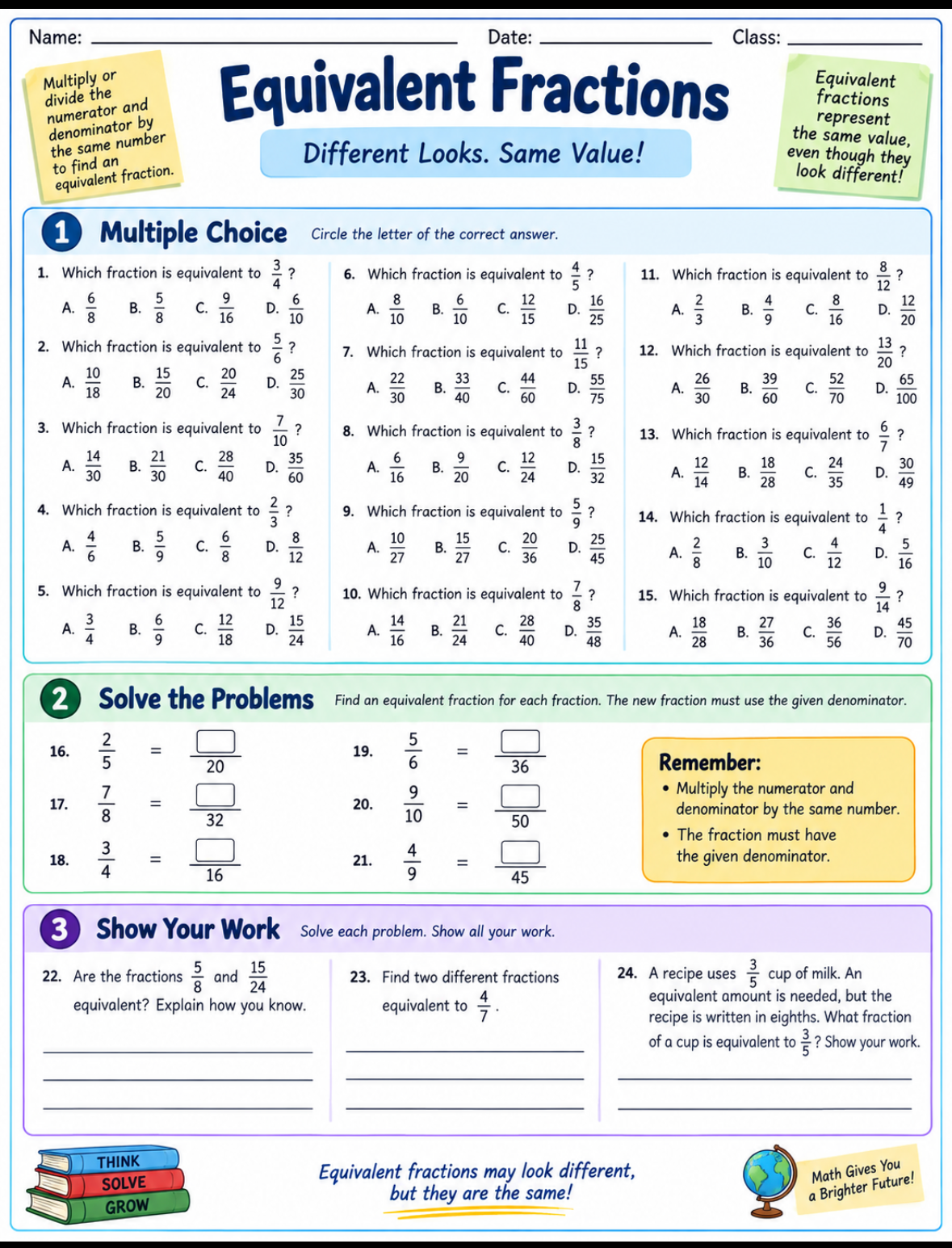 Math Equivalent Fractions — Student Worksheet