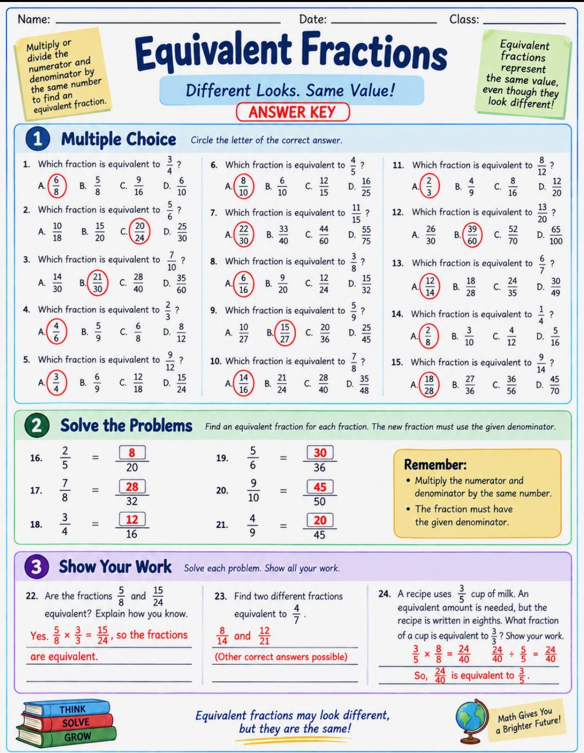 Math Equivalent Fractions — Answer Key